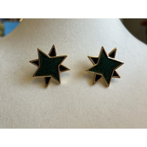 Vintage Yves Saint Laurent Gold YSL Green Enamel Starburst 80s Style RARE Studs - Picture 9 of 10